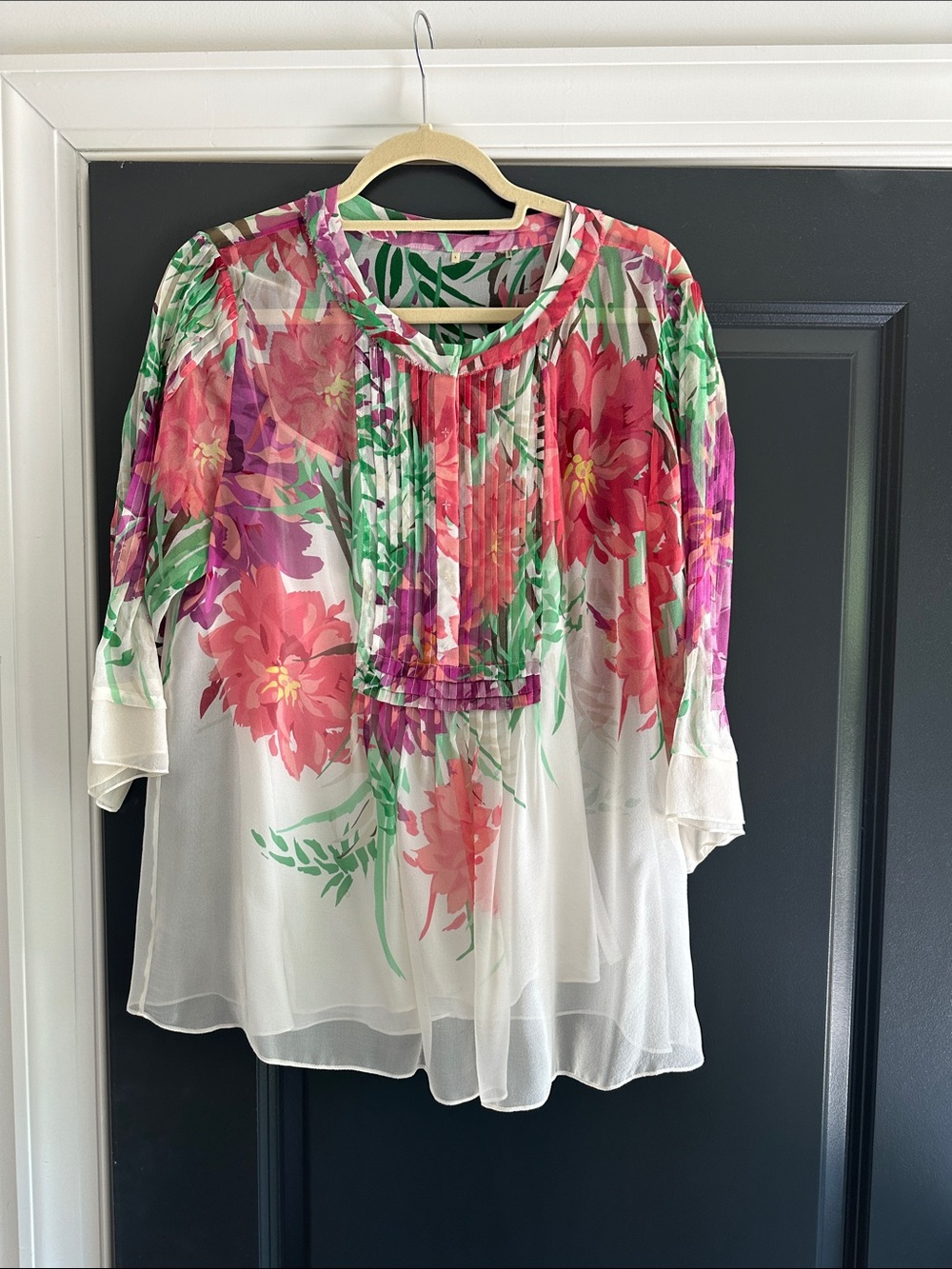 Elie Tahari White Sheer Blouse with Pink & Green Floral Print
